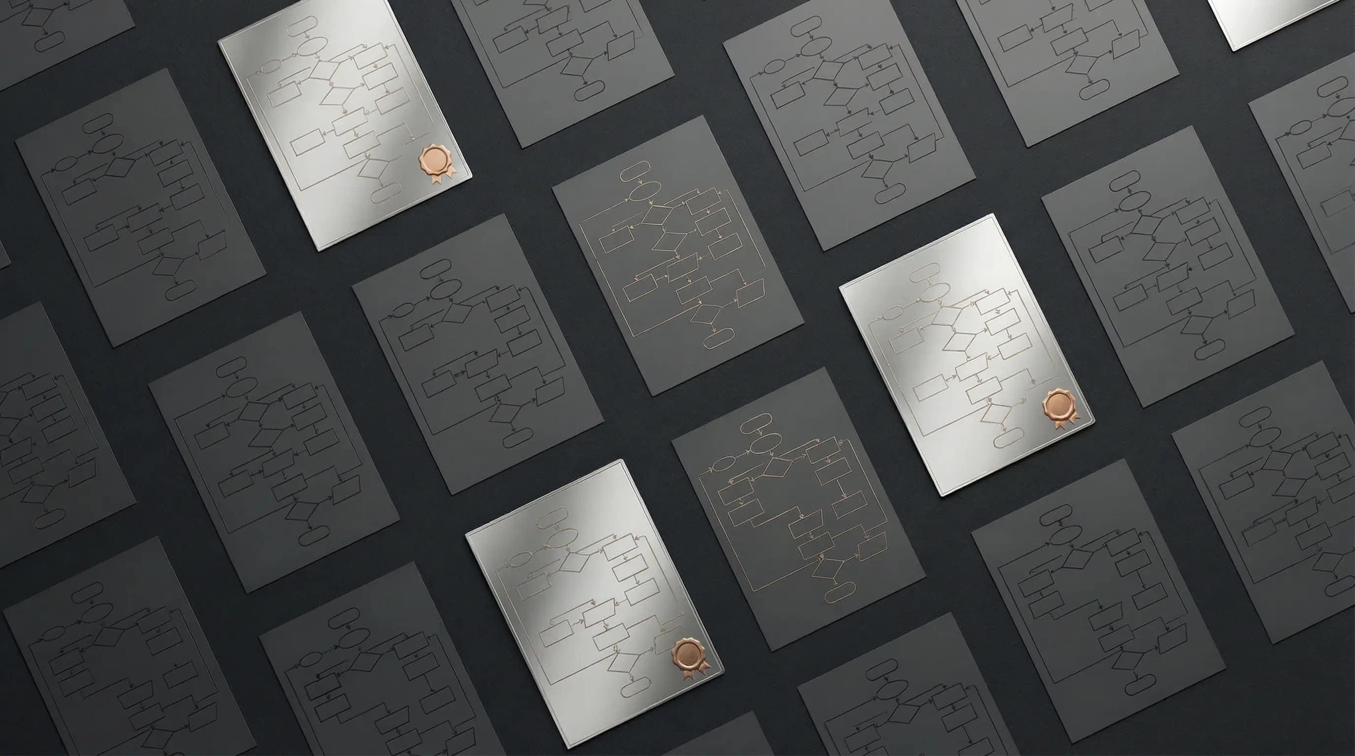 Top-down Ansicht auf viele Prozessanalyse-Blaetter; drei ausgewaehlte Kandidaten in Platin-Chrome mit Siegel markiert