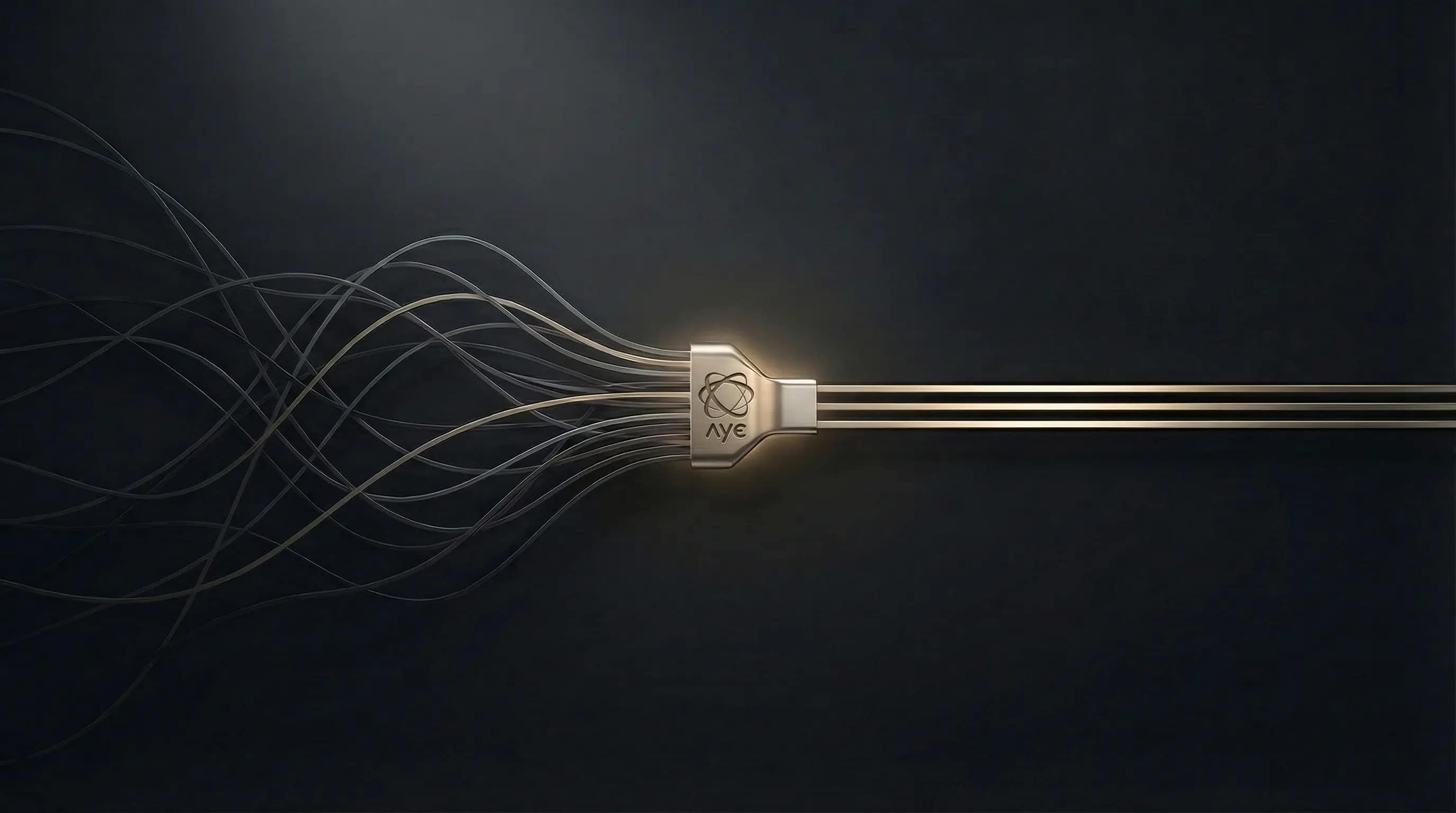 Viele chaotische parallele Flows werden durch einen zentralen metallischen Hub gebuendelt und als saubere strukturierte Ausgaenge skaliert