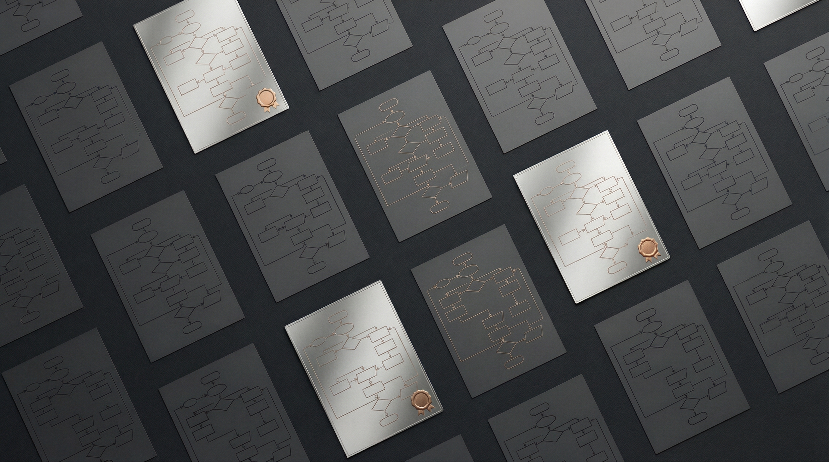 Top-down Ansicht auf viele Prozessanalyse-Blaetter; drei ausgewaehlte Kandidaten in Platin-Chrome mit Siegel markiert