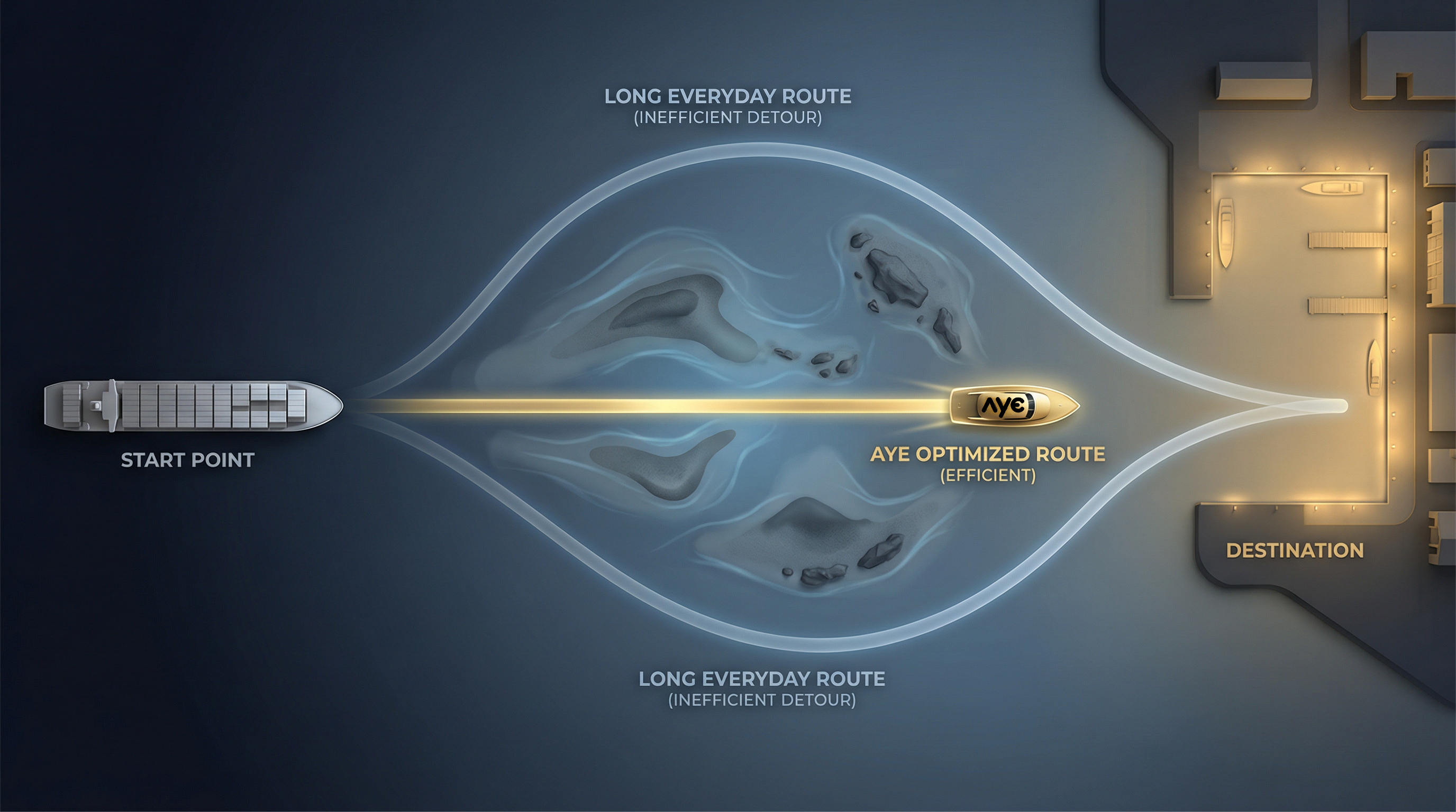 Visualisierung: sichere AYE-Route durch Untiefen vom Ausgangspunkt zum Wunschziel