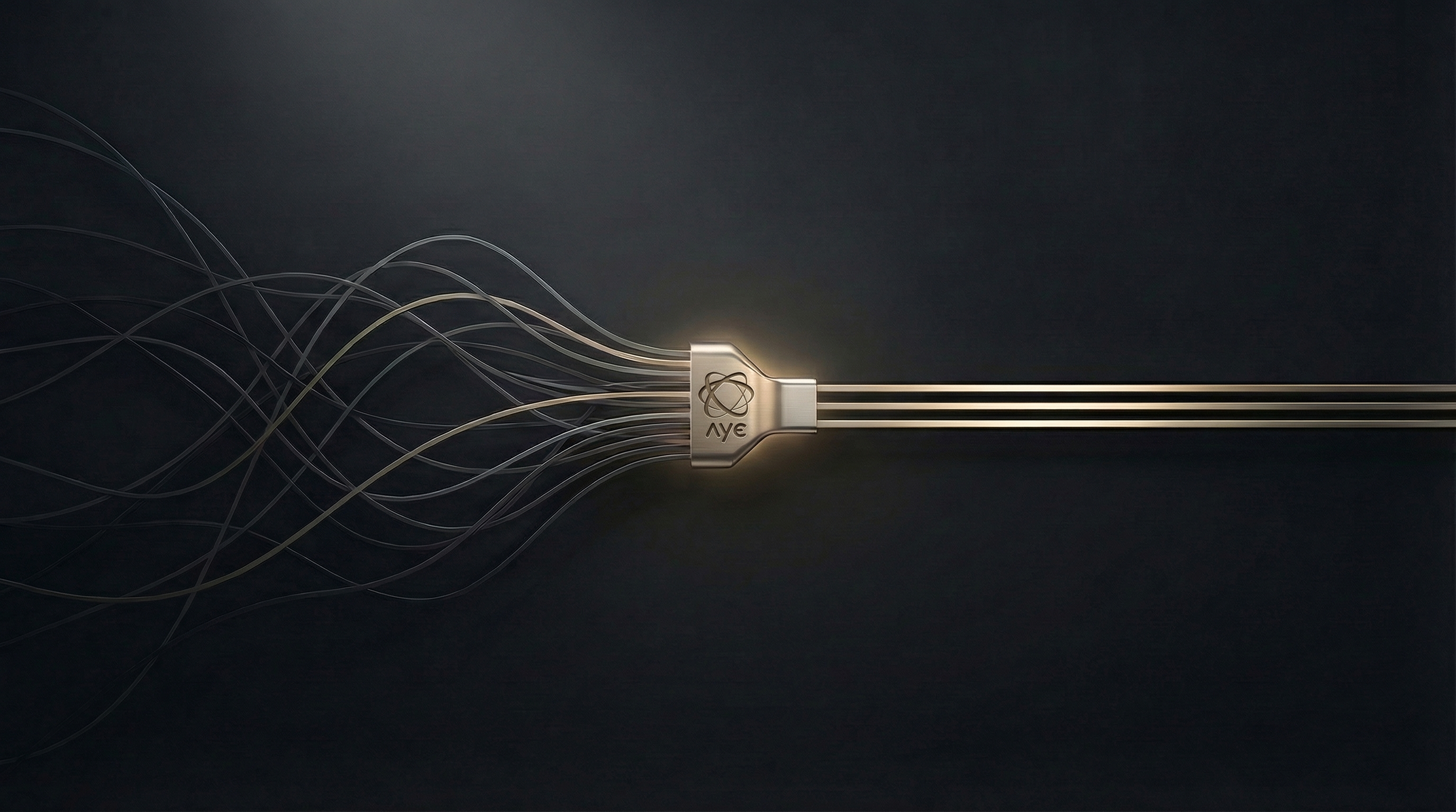 Viele chaotische parallele Flows werden durch einen zentralen metallischen Hub gebuendelt und als saubere strukturierte Ausgaenge skaliert
